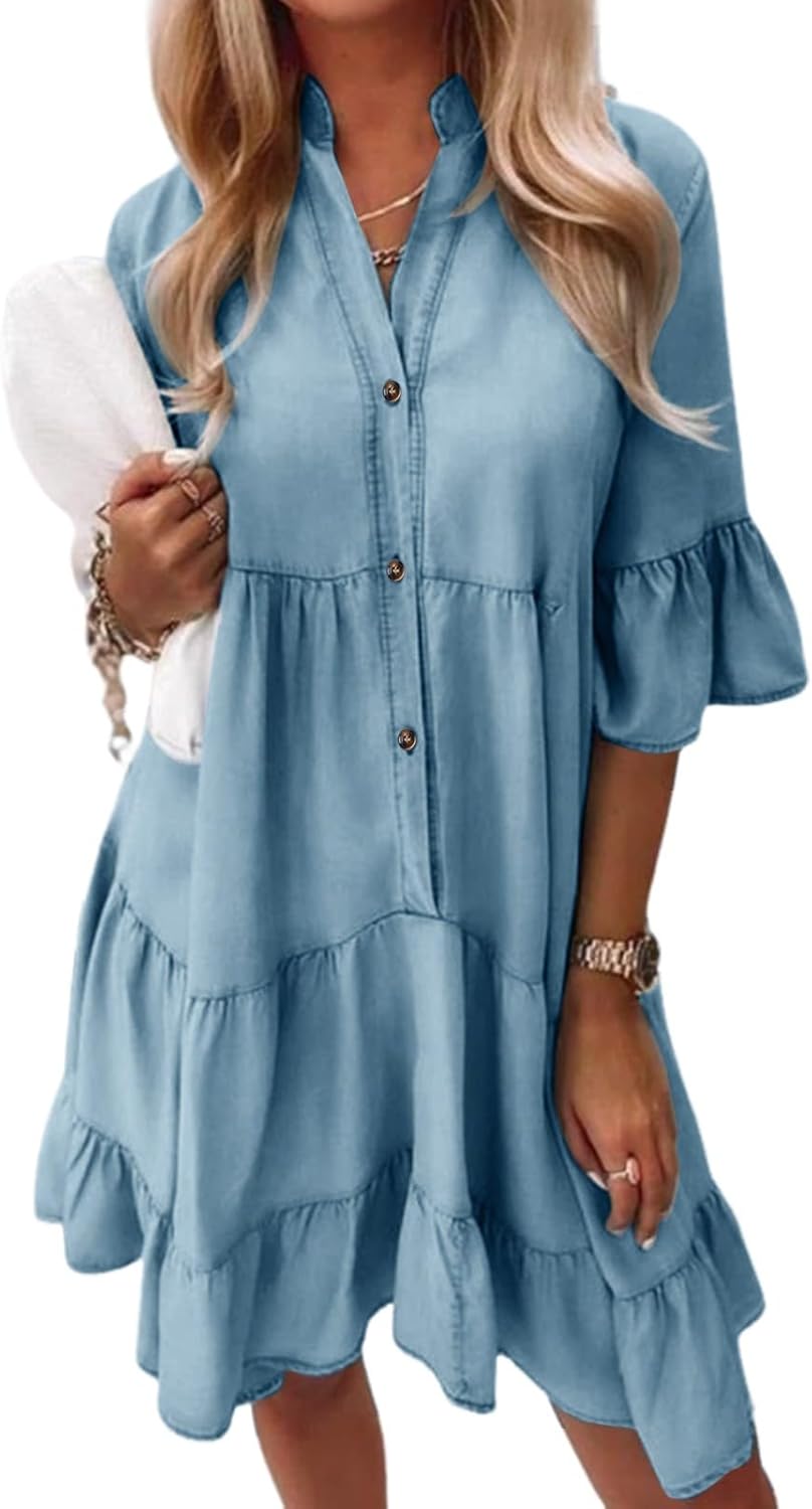 Sophie Bohemian Shirt Dress for Women – Short Flowing Dress with V-Neck and Short Sleeves