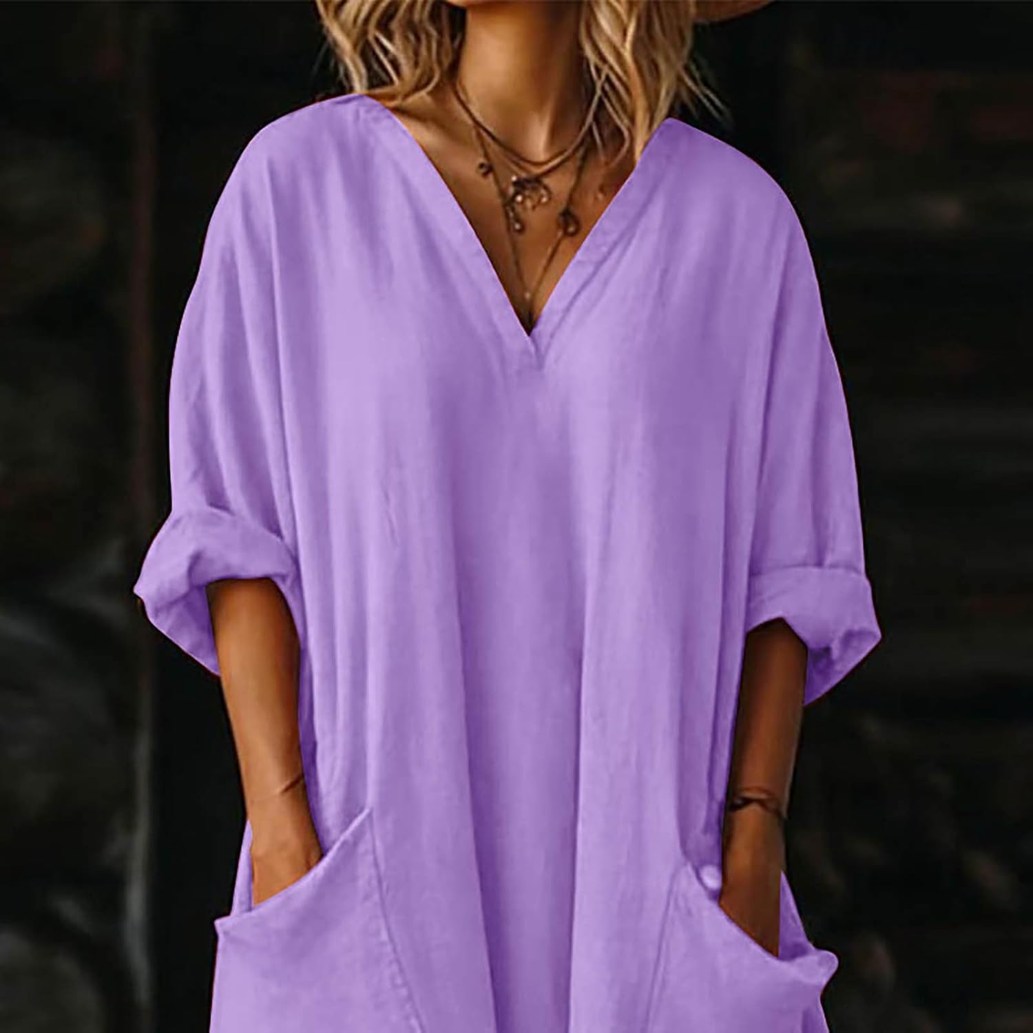 Mila Women's Dress – Maxi Linen Dress V-Neck 3/4 Sleeves A-Line Oversized Summer Dress