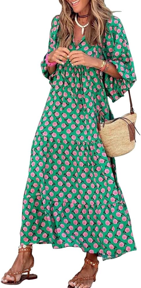 Amélie Women's Bohemian Maxi Dress – Long Flowing Dress with V-Neck and Geometric Print