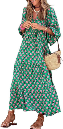 Amélie Women's Bohemian Maxi Dress – Long Flowing Dress with V-Neck and Geometric Print