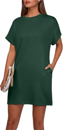 Léa Women's Dress – Mini Dress with Round Neck, Short Sleeves, A-Line with Pockets Summer