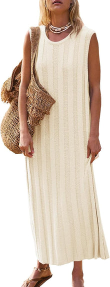 Lina Maxi Dress for Women – Sleeveless Ribbed Knit Dress with Round Neck for Summer