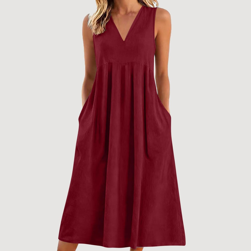 Lina Women's Dress – Maxi Linen Dress V-Neck Sleeveless Fluid Summer Pockets