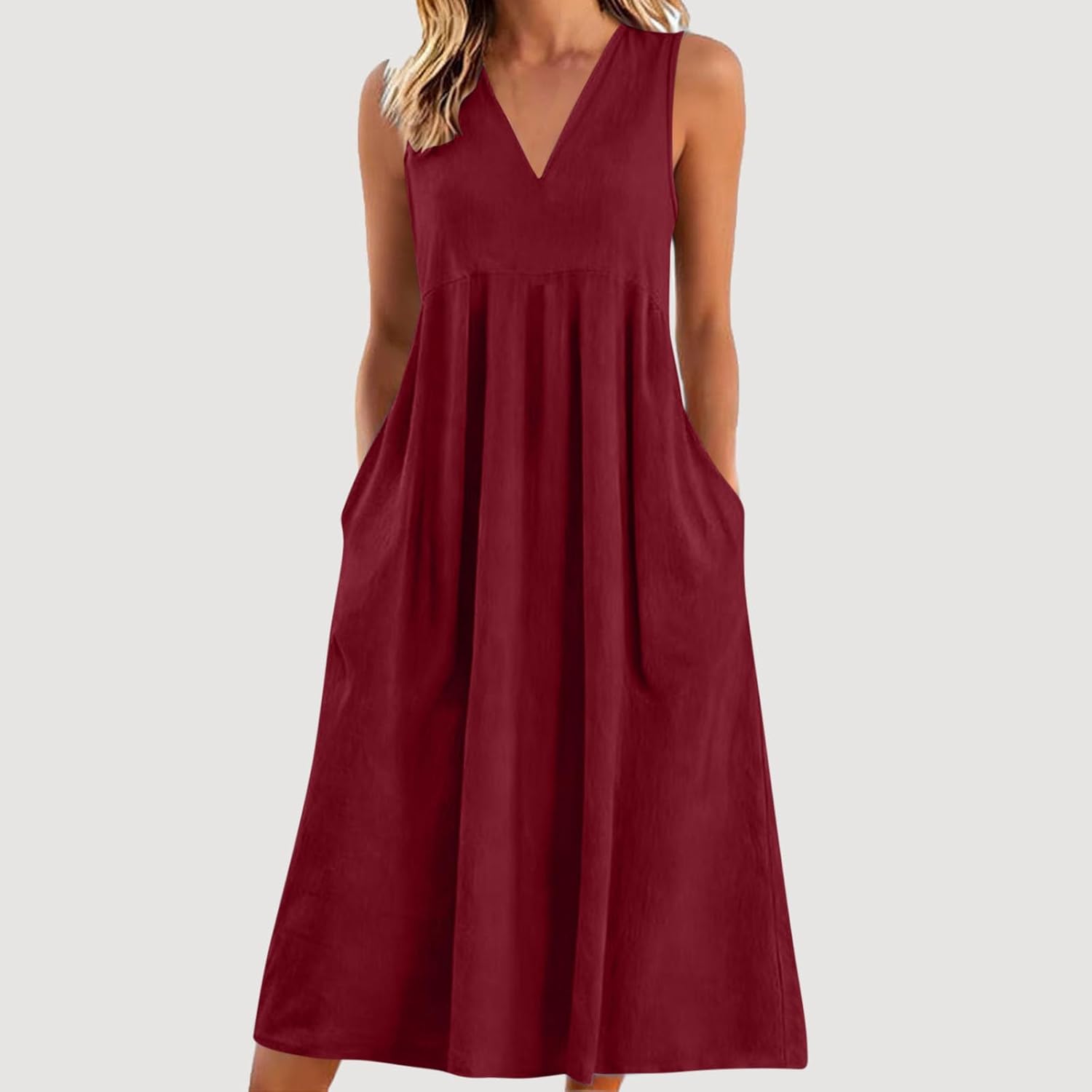 Lina Women's Dress – Maxi Linen Dress V-Neck Sleeveless Fluid Summer Pockets