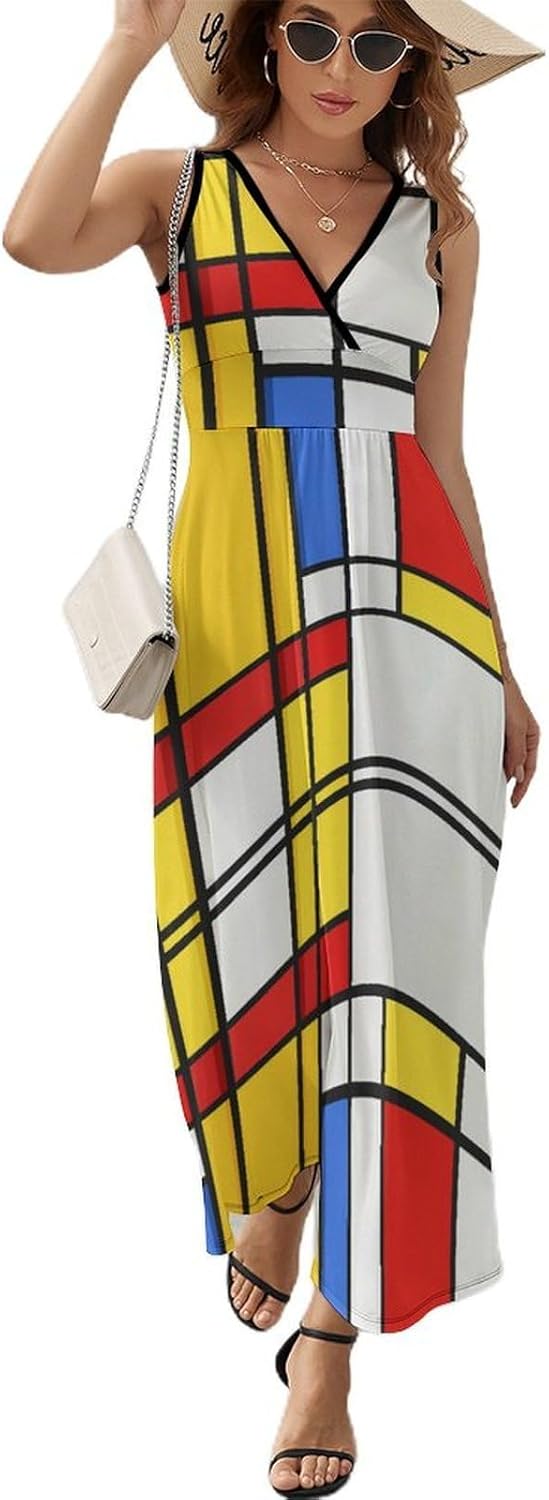 Lena Women's Dress – Sleeveless V-Neck Maxi Dress High Waist Modern Pattern Summer