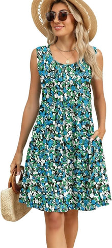 Élise Women's Midi Dress – Sleeveless Floral Dress with Round Neck and Pockets for Summer