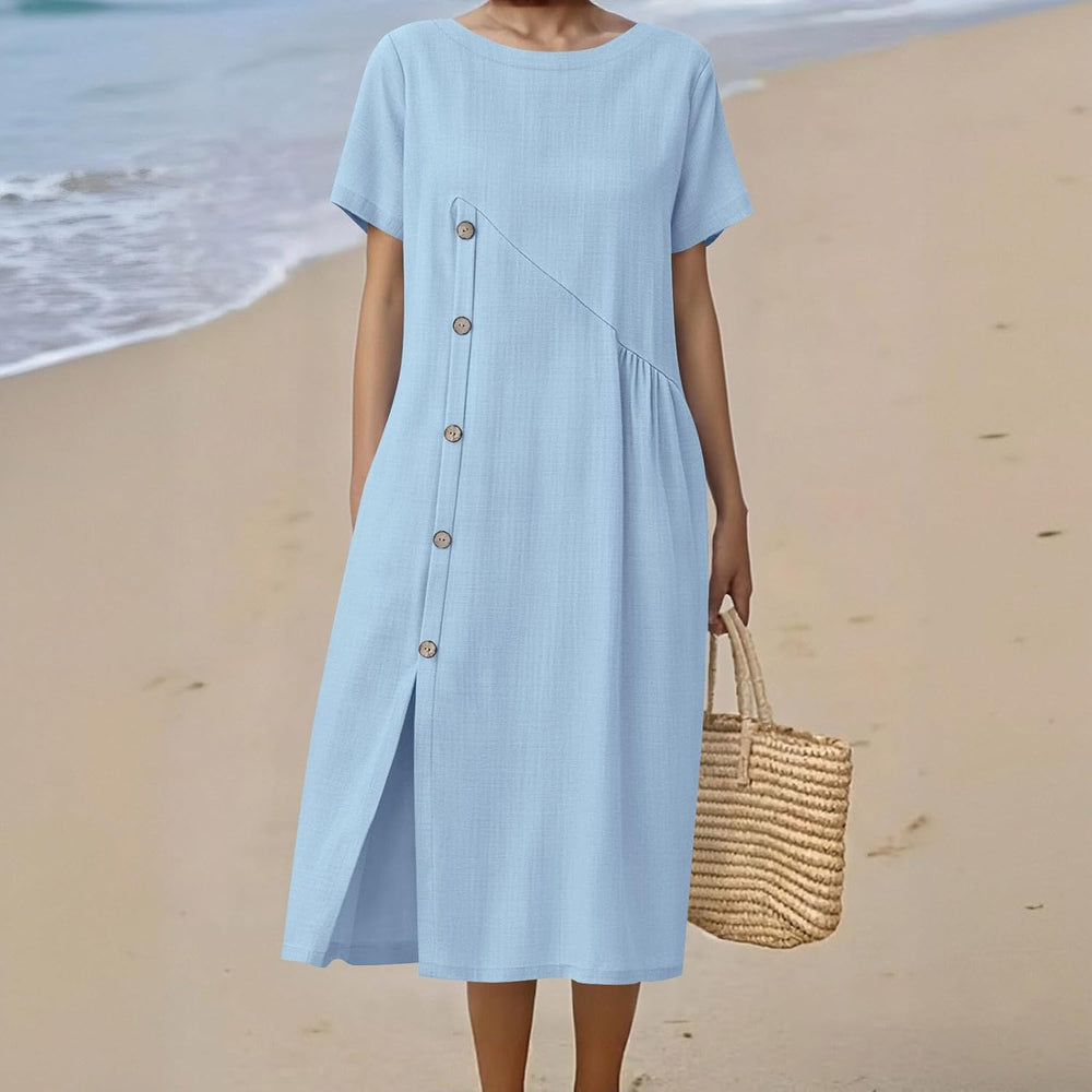 Emma Women's Robe – Midi Linen Dress Round Neck Slit Pockets Elegant A-Line Summer