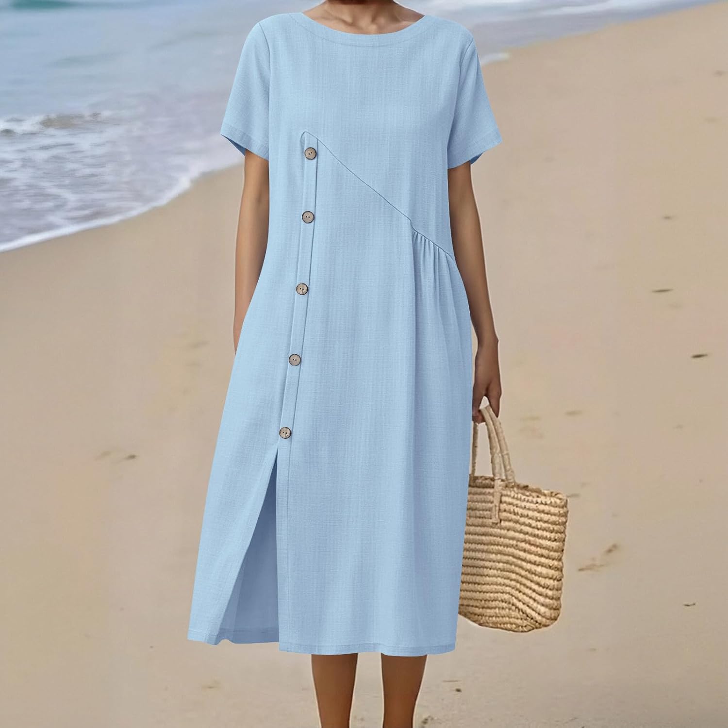 Emma Women's Robe – Midi Linen Dress Round Neck Slit Pockets Elegant A-Line Summer