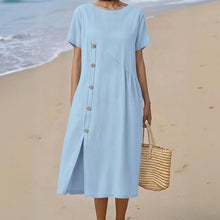 Emma Women's Robe – Midi Linen Dress Round Neck Slit Pockets Elegant A-Line Summer