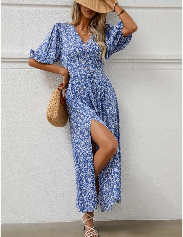 Joyce Women's Bohemian Floral Robe – V-Neck Wrap, Flowing Midi, Summer Sleeves