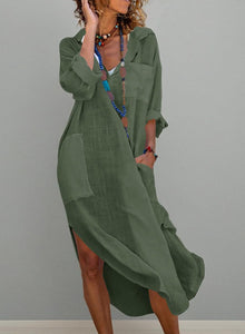 Emma Long Robe Chemise for Women – Buttoned Linen Cotton Dress with Slits and Pockets