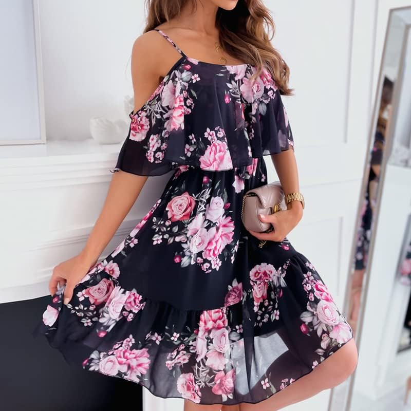 Mhaine Women's Bohemian Dress – Off-Shoulder, Ruffles, Flowing Midi Cut Summer