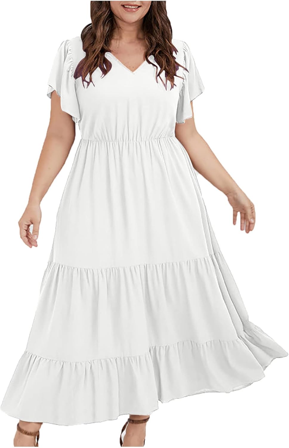 Manon Women's Dress – Bohemian V-Neck Short Sleeve A-Line Flowing Summer Dress Plus Size