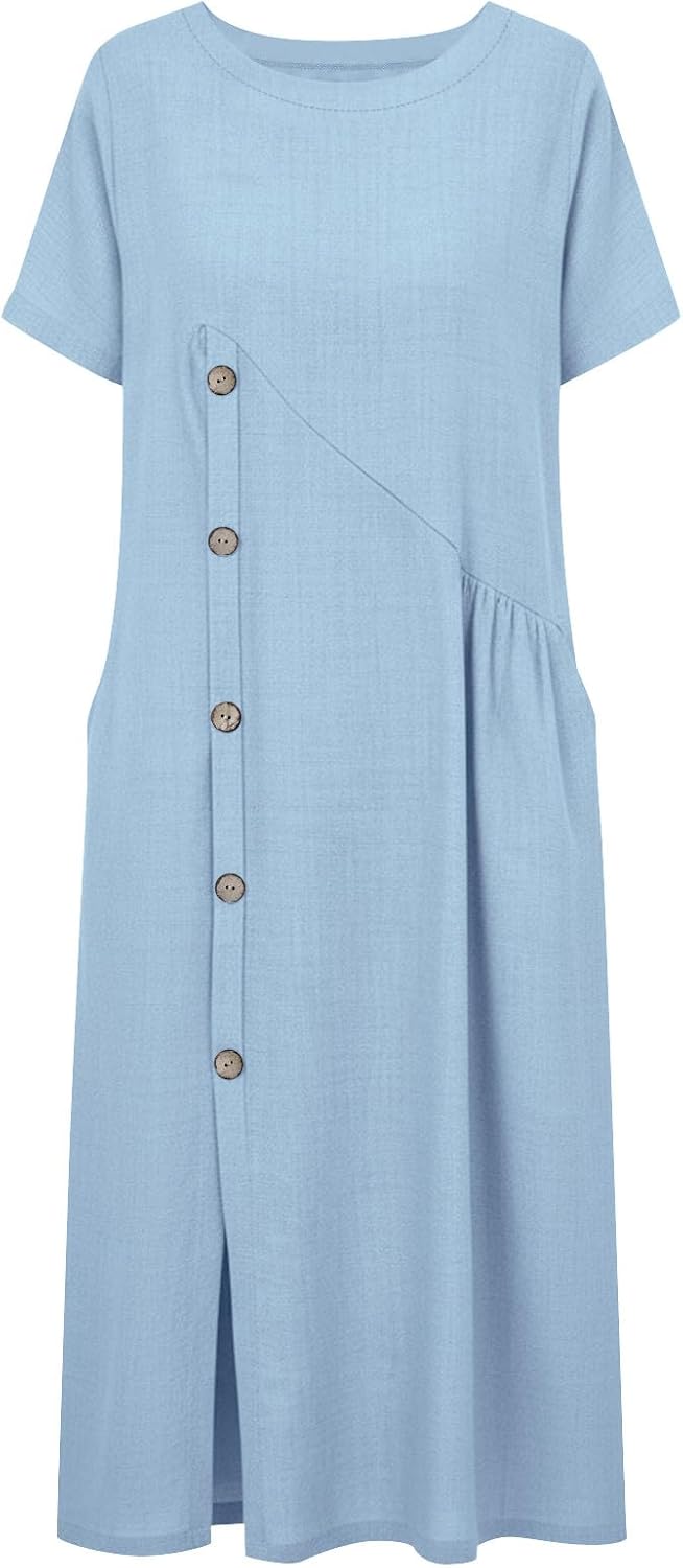 Emma Women's Robe – Midi Linen Dress Round Neck Slit Pockets Elegant A-Line Summer