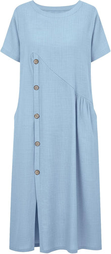 Emma Women's Robe – Midi Linen Dress Round Neck Slit Pockets Elegant A-Line Summer