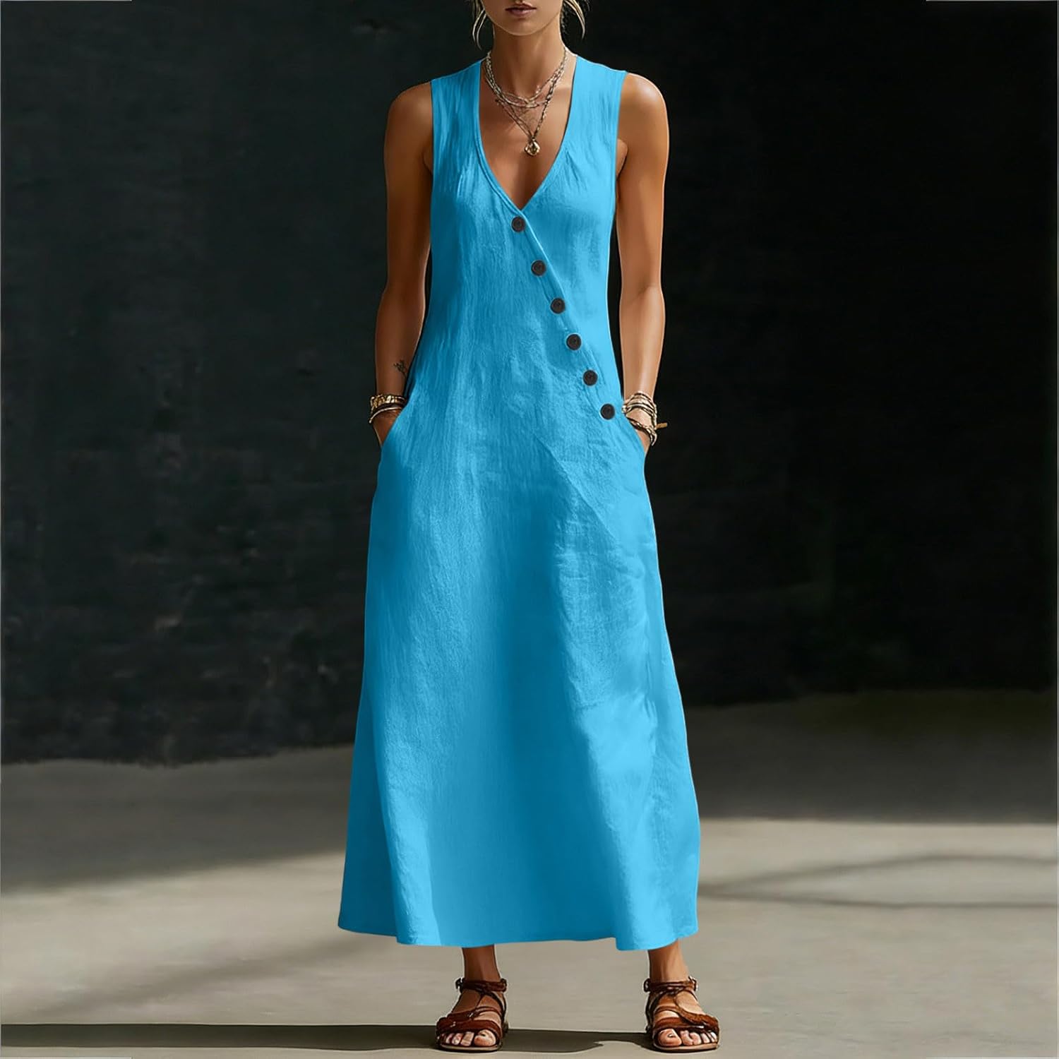 Laura Women's Dress – Midi Cotton Dress V-Neck Sleeveless Buttons A-Line Cut Summer