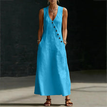 Laura Women's Dress – Midi Cotton Dress V-Neck Sleeveless Buttons A-Line Cut Summer