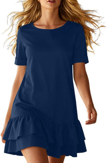 Lina Women's Dress – Mini T-Shirt Dress with Round Neck, Ruffles, Double Hem, Bohemian Summer