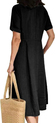 Glaiza Women's Maxi Linen Dress – V-Neck, Buttoned, Short Sleeves Plus Size Summer