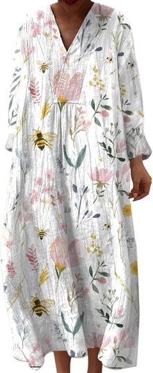 Emily Women's Robe – Midi Dress with V-Neck, Long Sleeves, Fluid A-Line Cut, Summer