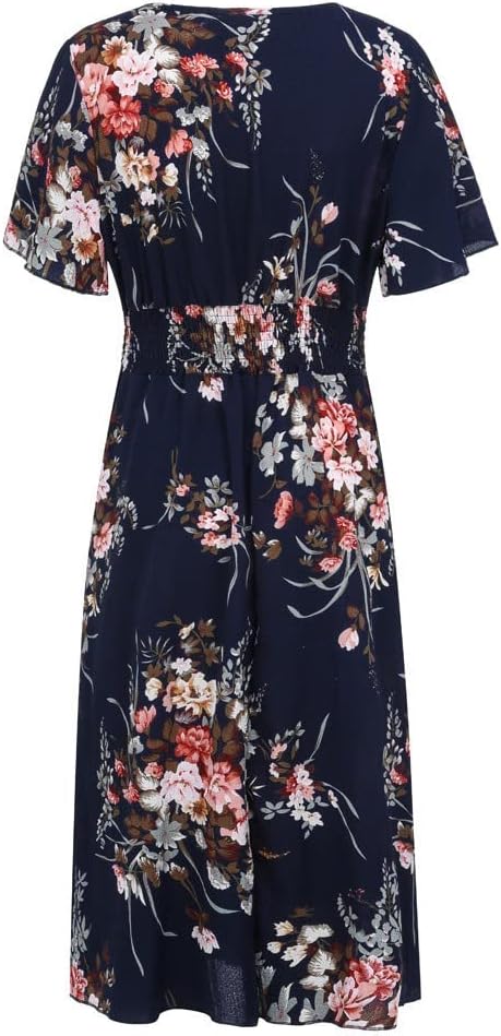 Élise Women's Dress – Floral Midi Dress V-Neck A-Line Lightweight Linen Cotton Elegant Summer