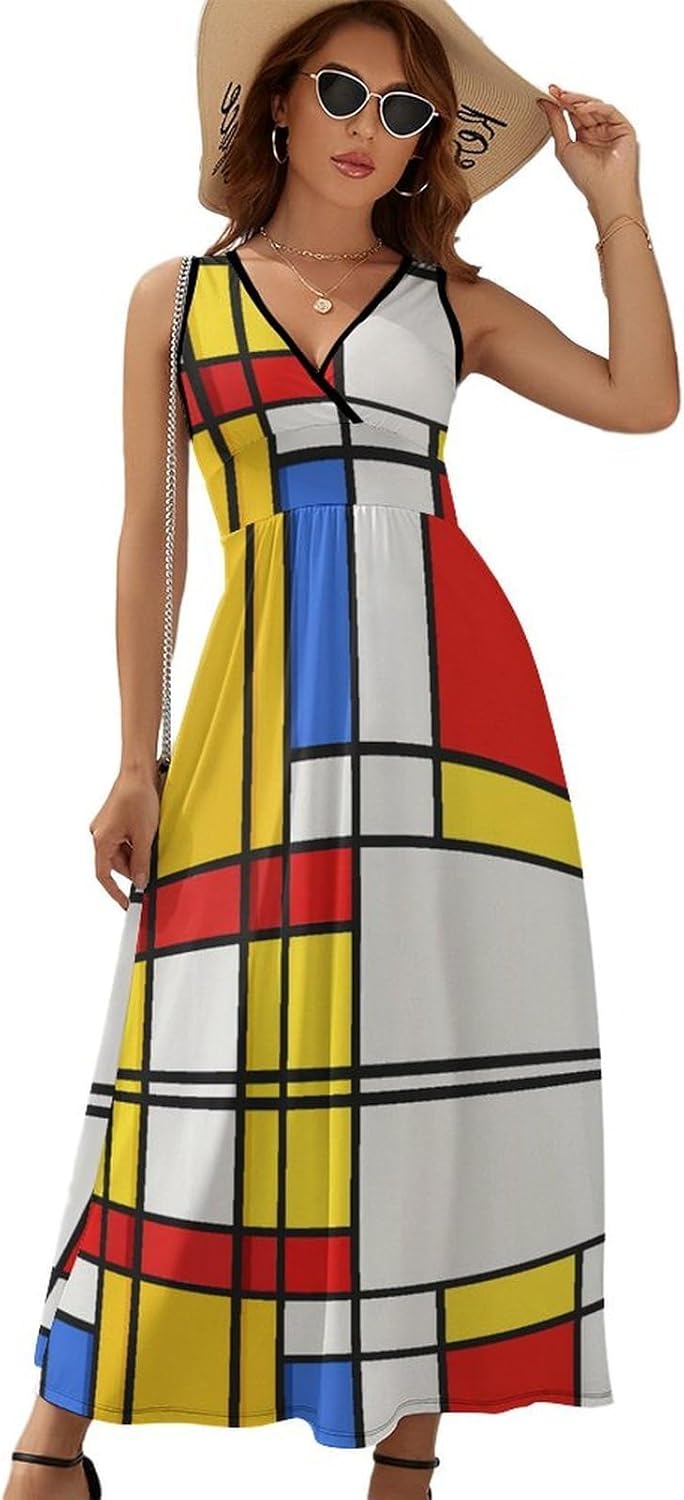 Lena Women's Dress – Sleeveless V-Neck Maxi Dress High Waist Modern Pattern Summer