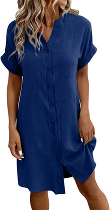 Sophie Women's Dress – Short Linen Dress with V-Neck, Buttoned, Short Sleeves, Flowing Fit, Summer
