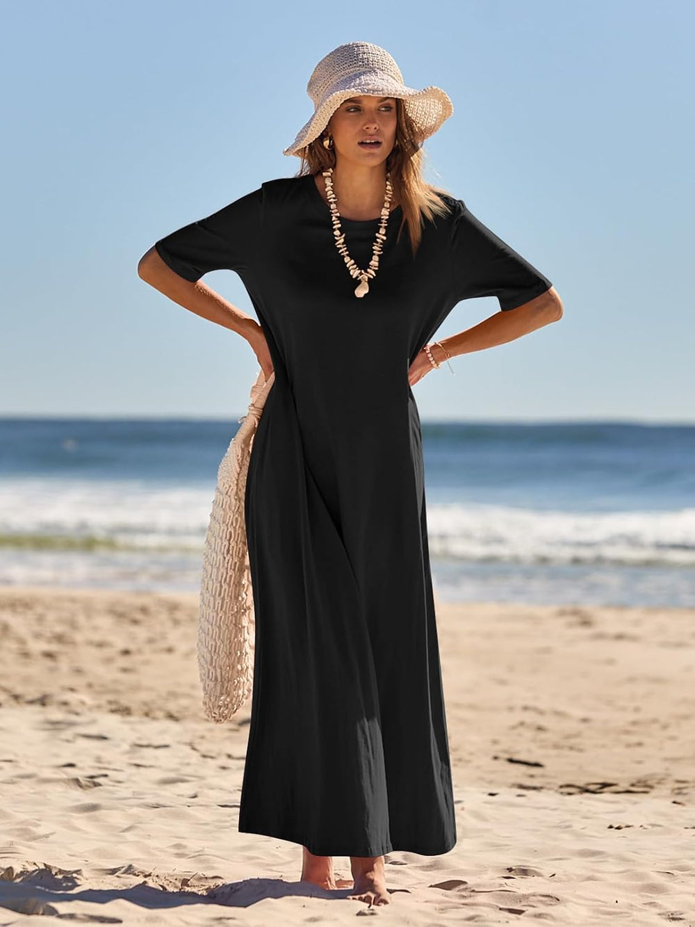 Julie Maxi Dress for Women – Long Dress with Short Sleeves and Pockets, Casual Elegant