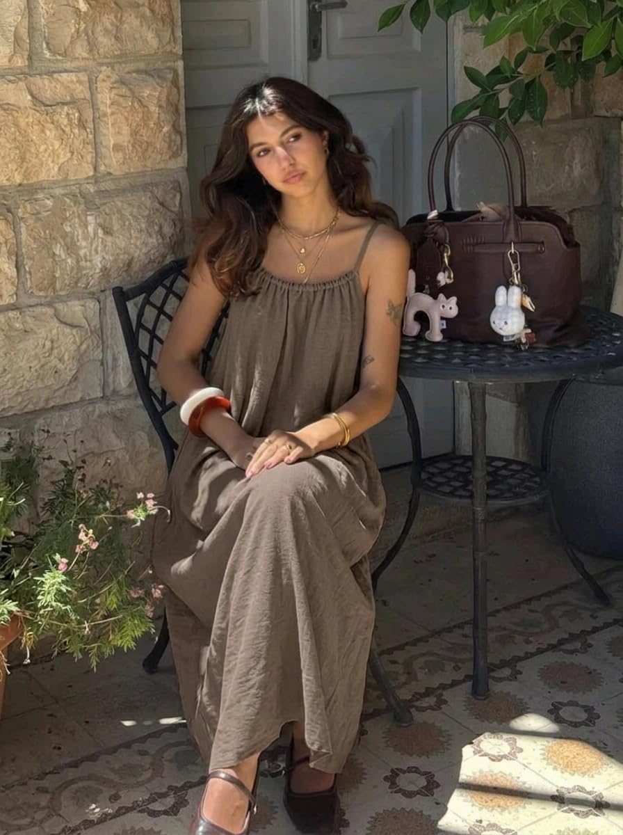Luna Maxi Dress for Women – Backless Dress with Thin Straps, Linen Effect, Summer Boho Style