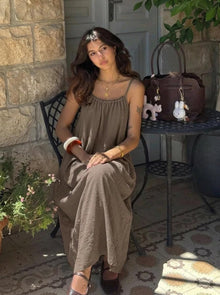 Luna Maxi Dress for Women – Backless Dress with Thin Straps, Linen Effect, Summer Boho Style
