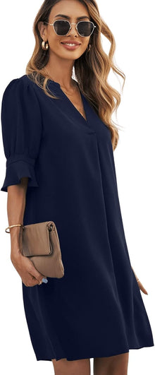 Emily Women's Summer Dress – Elegant V-Neck Dress with Loose Fit and Mid-Length Sleeves