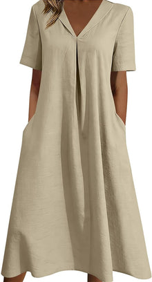 Sophie Women's Dress – Maxi Linen Dress V-Neck Short Sleeves Pockets A-Line Summer