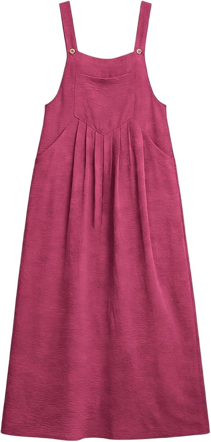 Camille Long Overalls Dress for Women – Pleated Pinafore Dress with Adjustable Straps and Pockets