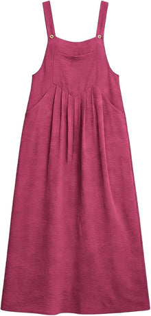Camille Long Overalls Dress for Women – Pleated Pinafore Dress with Adjustable Straps and Pockets