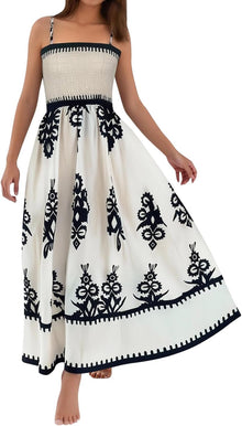 Amélie Women's Dress – Bohemian Maxi Dress with Smocked Square Neck Sleeveless Printed Summer