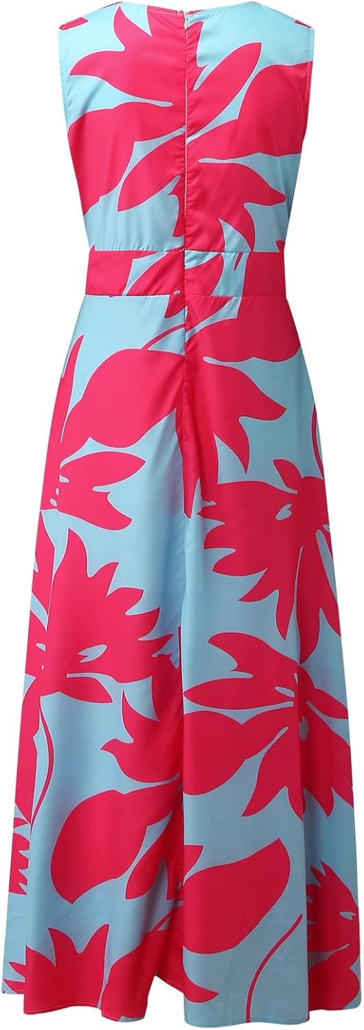 Maya Long Bohemian Dress for Women – Sleeveless Dress with V-Neck, Zipper, and Elegant Print