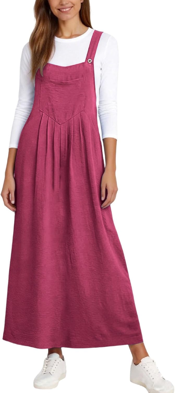 Camille Long Overalls Dress for Women – Pleated Pinafore Dress with Adjustable Straps and Pockets