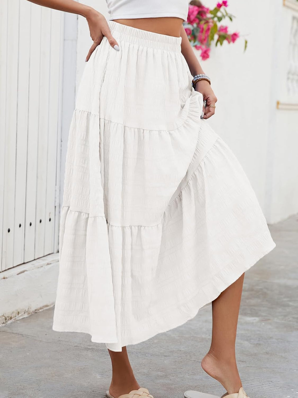Neyla Maxi Skirt for Women – Bohemian High-Waisted Smocked Skirt with Ruffles and Pockets