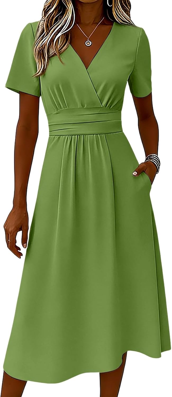 Clara Women's Dress – Elegant Midi Dress with V-Neck, Short Sleeves, High Waist, A-Line