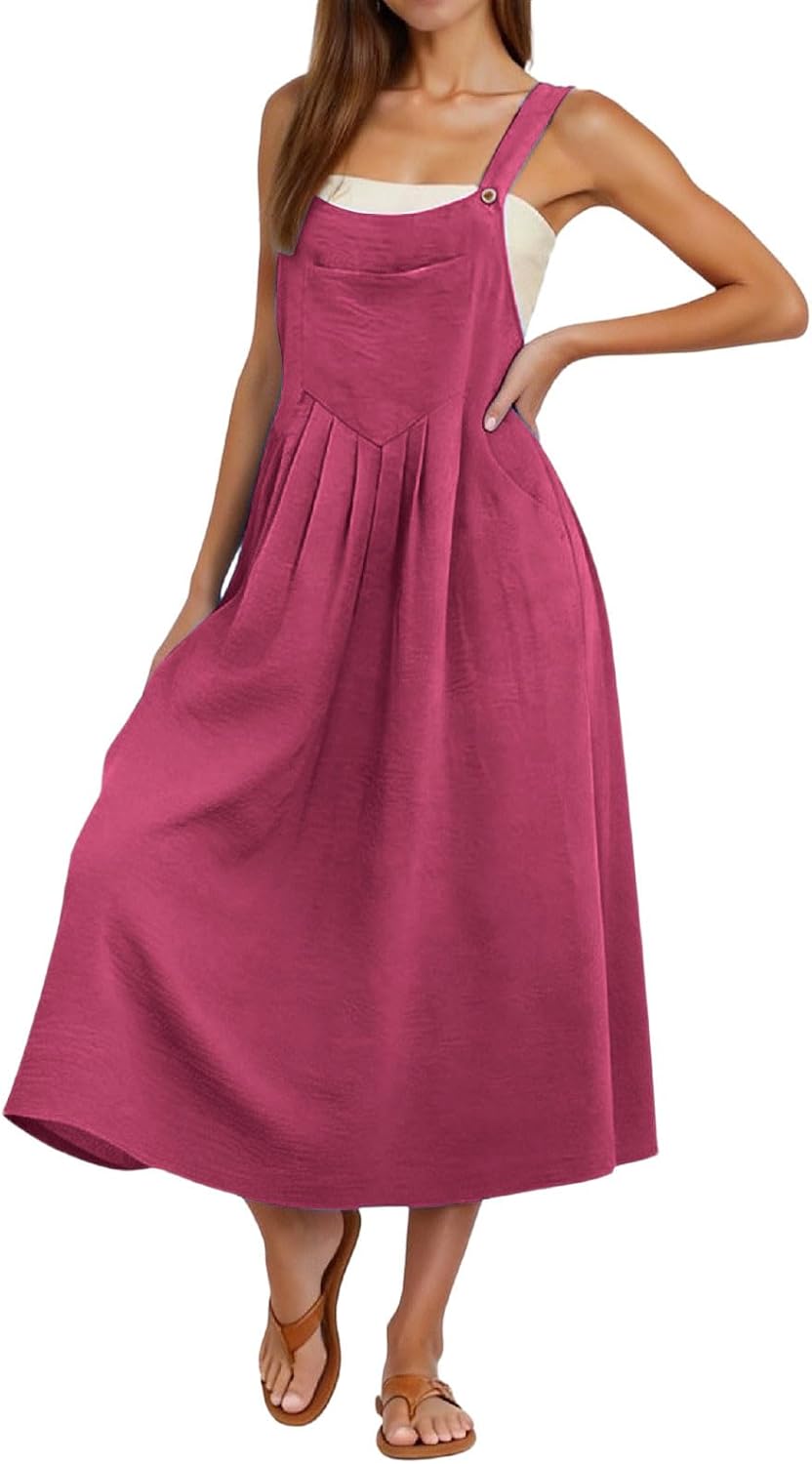 Camille Long Overalls Dress for Women – Pleated Pinafore Dress with Adjustable Straps and Pockets