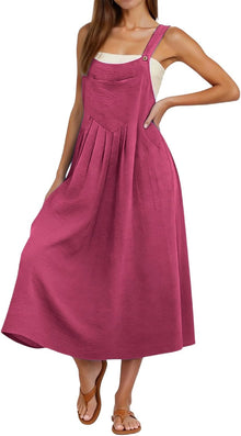 Camille Long Overalls Dress for Women – Pleated Pinafore Dress with Adjustable Straps and Pockets