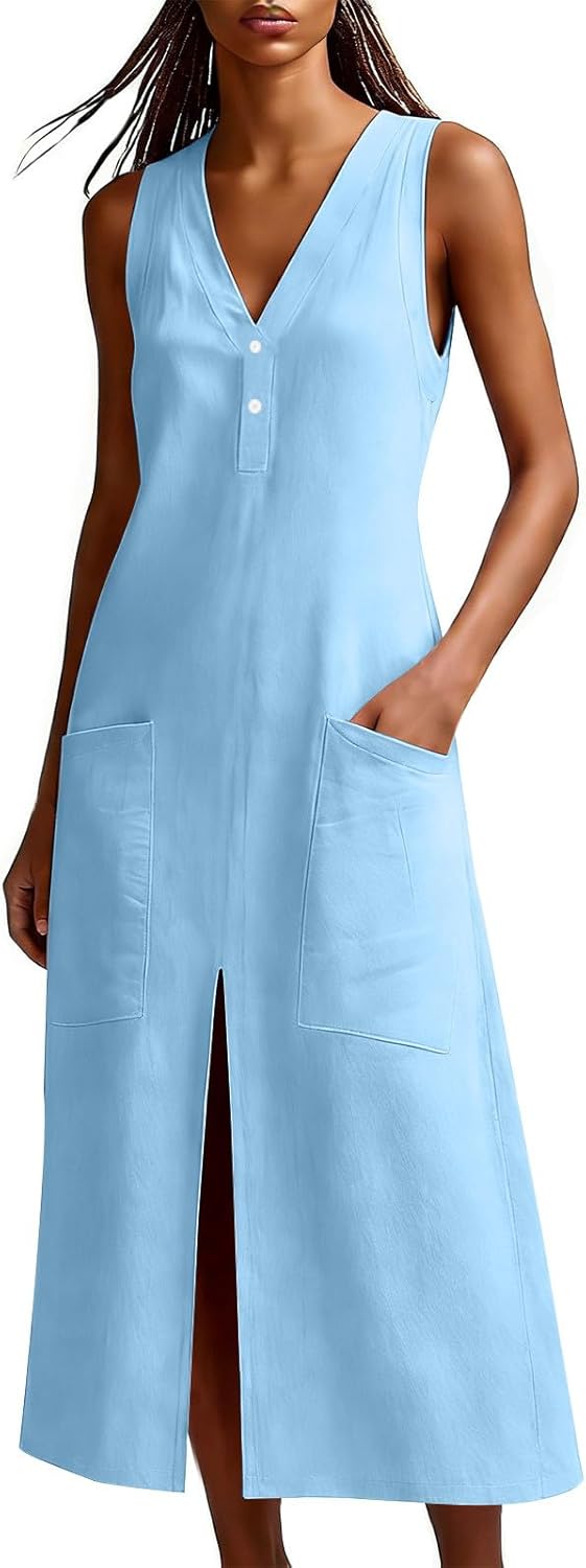 Emma Women's Robe – Maxi Linen Dress V-Neck Sleeveless Slit Pockets Elegant Summer