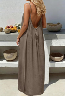 Luna Maxi Dress for Women – Backless Dress with Thin Straps, Linen Effect, Summer Boho Style