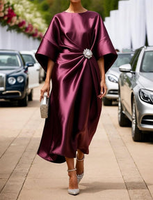 Victoria Long Satin Dress for Women – Elegant Dress with Batwing Sleeves and Pleated Waist