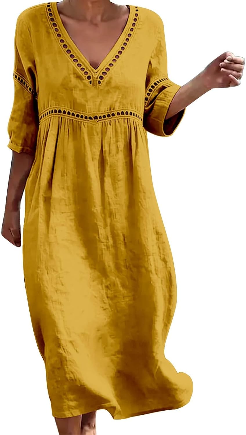 Laura Women's Dress – Midi Linen Dress with V-Neck, 3/4 Sleeves, Pockets, A-Line Summer Dress