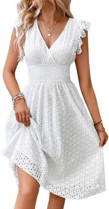 Adeline Women's Summer Midi Dress – V-Neck Eyelet Embroidery Dress with Ruffle Sleeves & Smocked Waist