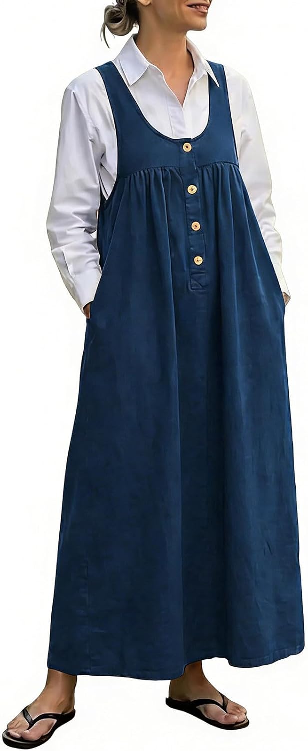 Clémence Long Denim Overalls Dress – Vintage Pinafore Dress with Adjustable Straps
