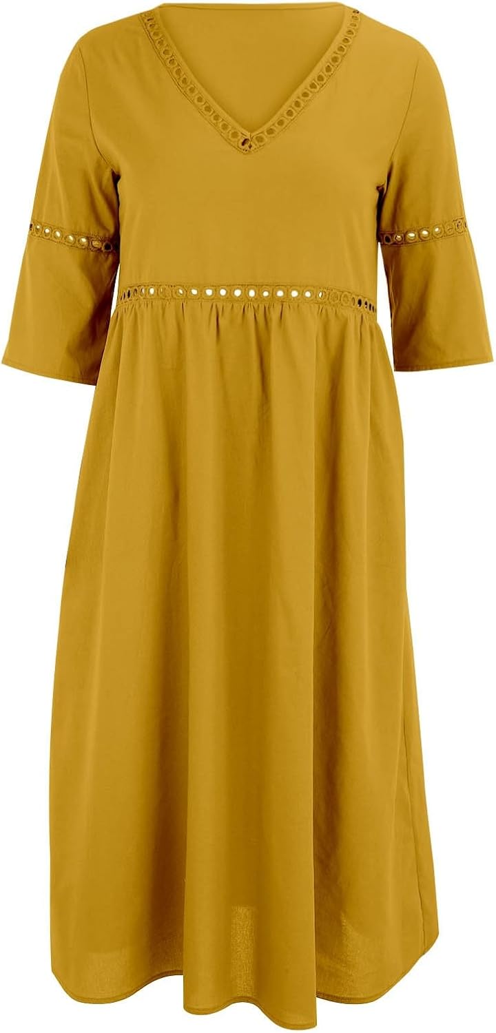 Laura Women's Dress – Midi Linen Dress with V-Neck, 3/4 Sleeves, Pockets, A-Line Summer Dress