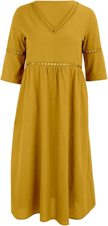 Laura Women's Dress – Midi Linen Dress with V-Neck, 3/4 Sleeves, Pockets, A-Line Summer Dress