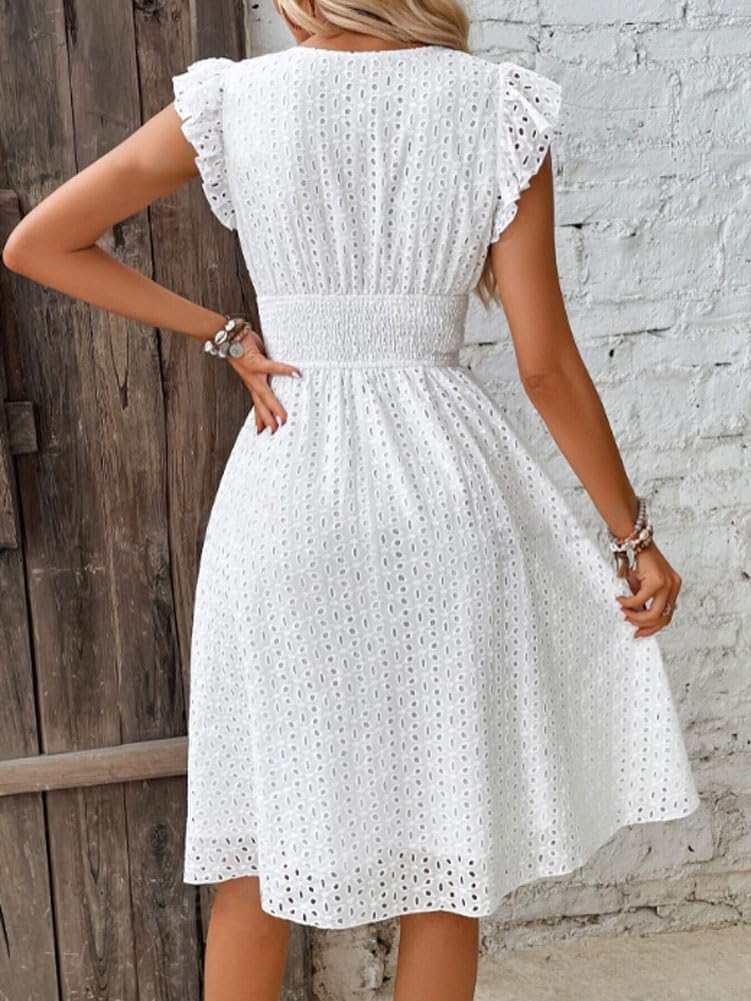 Adeline Women's Summer Midi Dress – V-Neck Eyelet Embroidery Dress with Ruffle Sleeves & Smocked Waist